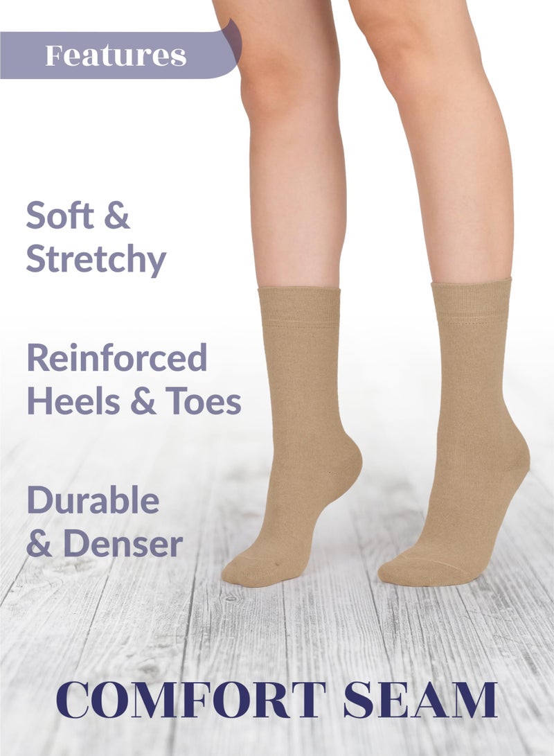 Hugh Ugoli Women's Cotton Crew Socks | Plain Color, Regular Fit, Soft Casual Socks for Trouser, 4 Pairs, Beige, Shoe Size: 6-9 - Image 4